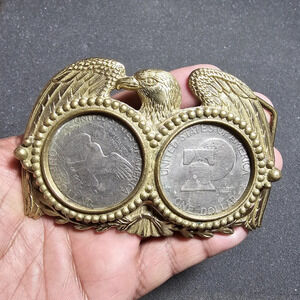 VINTAGE 1980 BARON BUCKLE SOLID BRASS EAGLE WITH 2 EISENHOWER SILVER DOLLARS see